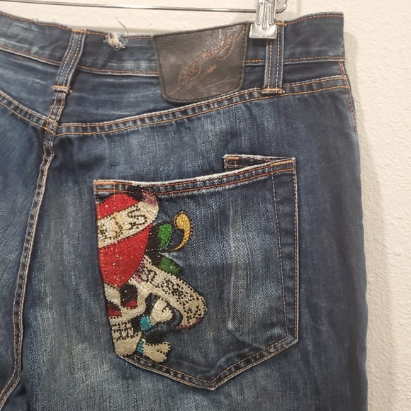 Ed Hardy Love Kills Slowly Embroidered Jeans W36 L34 Rare Distressed Denim Bling - Picture 5 of 8